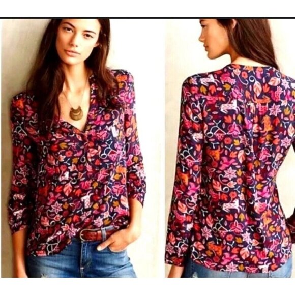 Anthropologie Maeve Primitive Animal Print Nature Artsy Novelty Blouse Size 2 - Picture 1 of 11